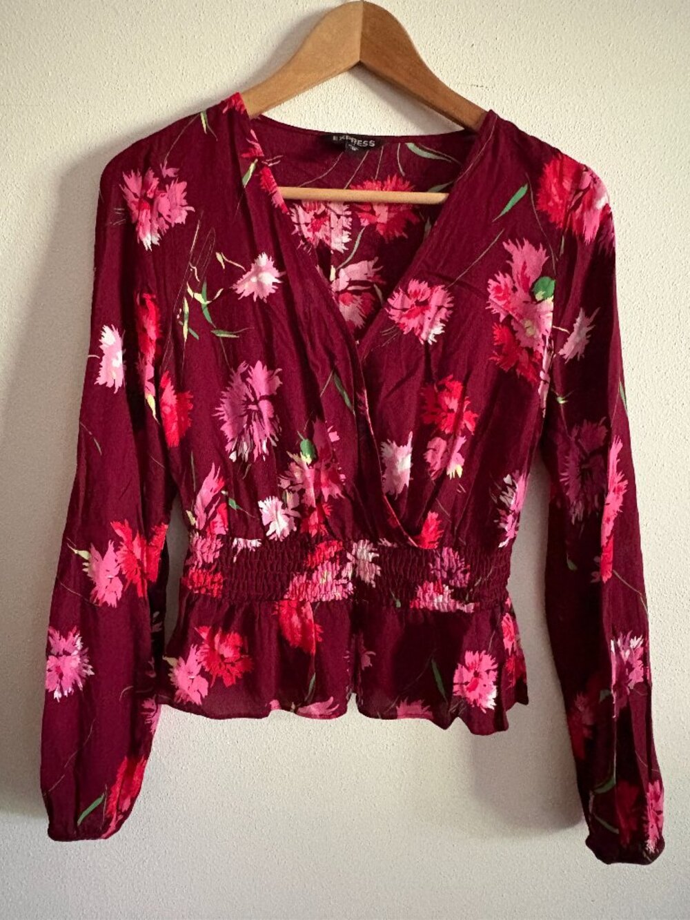 Express Floral Surplice V-Neck Smocked Peplum Blouse